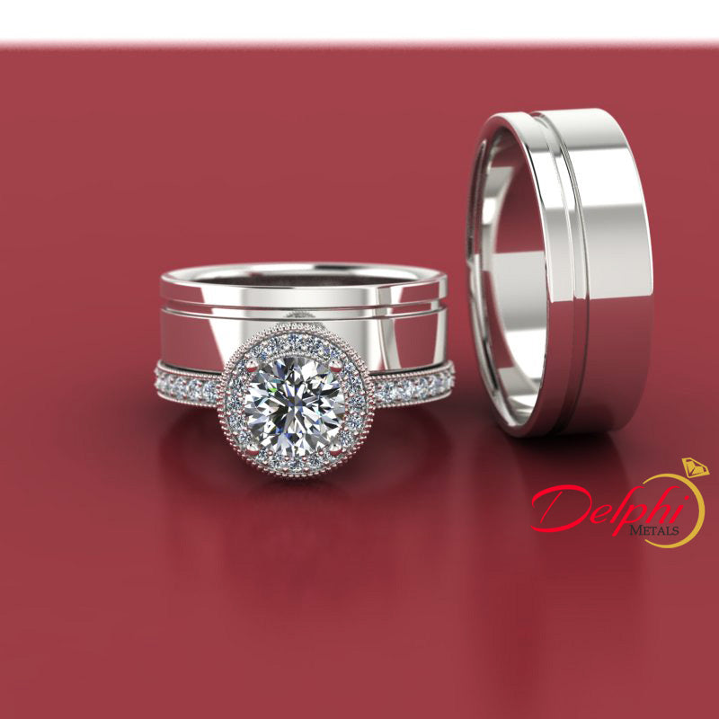 Wedding and Engagement Trio Diamond Ring Set for Him and Her 1.3ct
